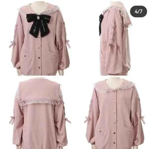 Mine Series Japanese Embroidery Bow Sail Collar Black Long Sweatshirt Coat Women Hoodie Lolita Sweet Girls Pink Hoodies Jacket