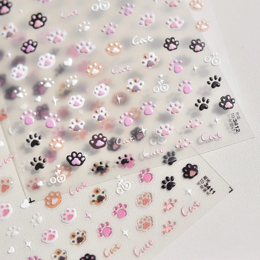 Cute Jelly Pink Cat Paw Print Nail Sticker Kawaii Pink Black Cat Claw 5D Embossed Self-Adhesive Nail Art Sticker Nail Art Decal SS69
