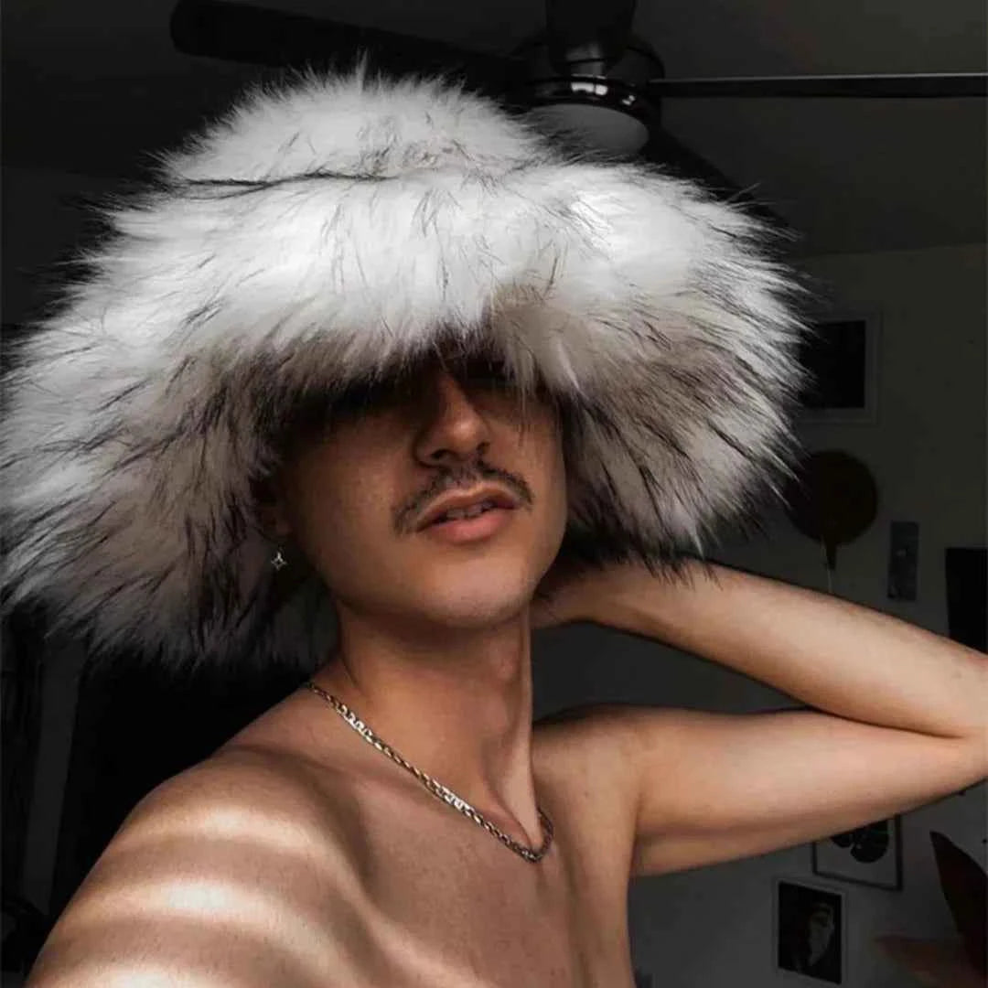 Luxury Fluffy Women Faux Fur Bucket Hats Oversized 17cm Wide Brim Thicken Outdoor Warm Plush Punk Hat Girl Y2k Female Ski Panama