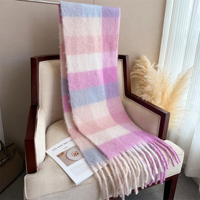 RUNMEIFACN Women's Winter Plaid Cashmere Blend Scarf with Tassels