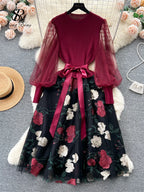 SINGREINY Senior Knitted Patchwork Dress Long Lantern Sleeves Bow Mesh Embroidery Floral Women Autumn France Elegant Party Dress