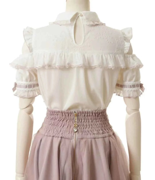 Japanese Mine Off-Shoulder Pearl Collar Cute Sweet Big Bow Shirt Skirt Outfit Women Summer New Lolita Short-Sleeved Shirt Skirts