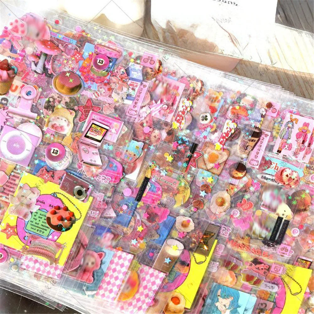 12pcs/10pcs Kawaii Glitter Stickers Transparent Journal Stickers PET Scrapbooking Cut Film Toploader Scrapbooking Deco Home SS69