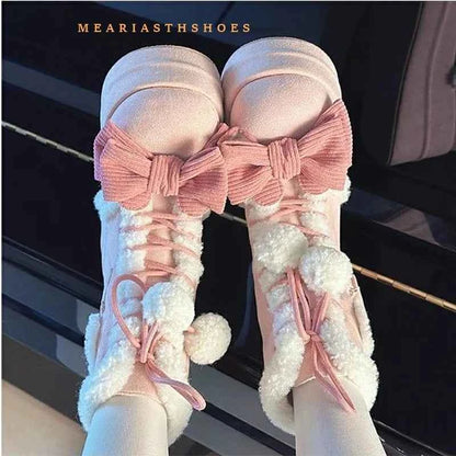 pink Sweet Winter Girls Lolita Mid-Calf Snow Boots,Cute Female Students Plush Warm Bowknots Lace Up Wedge Heel Heightening Shoes