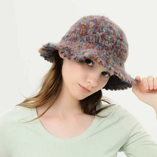 OhSunny Autumn Winter Wavy Brim Bucket Hats,Rainbow Cute Thermal Caps Women's Outdoor Warm Hand-knitted Fisherman Caps Packable