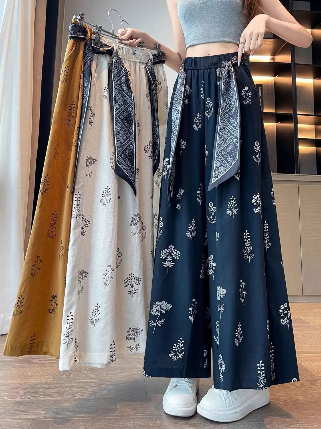 Women's Floral Print Wide Leg Pants - High Waist Casual Trousers
