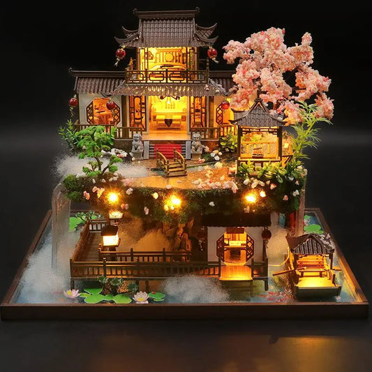 DIY Wooden Chinese Ancient Casa Miniature Building Kits Bookend With Lights Assembled Bookshelf Home Decoration Friends Gifts SS69