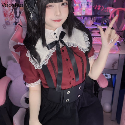 Gothic Y2k Lolita Shirt Japanese Harajuku Girls Sweet Lace Ruffles Bow Puff Sleeve Blouses Women Punk Clothes Tops Blusas Mujer SS69