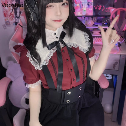 Gothic Y2k Lolita Shirt Japanese Harajuku Girls Sweet Lace Ruffles Bow Puff Sleeve Blouses Women Punk Clothes Tops Blusas Mujer SS69