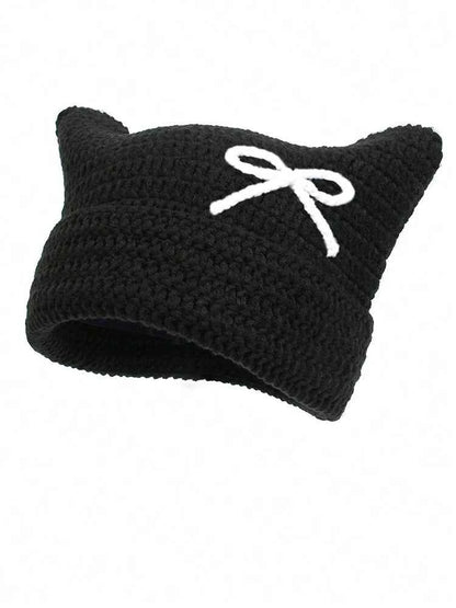 2025 New Hand-Knitted Bow Cat Ear Hooded Cap For Winter Men And Women, Striped Hollowed-Out Knitted Cap, K2y Street Style