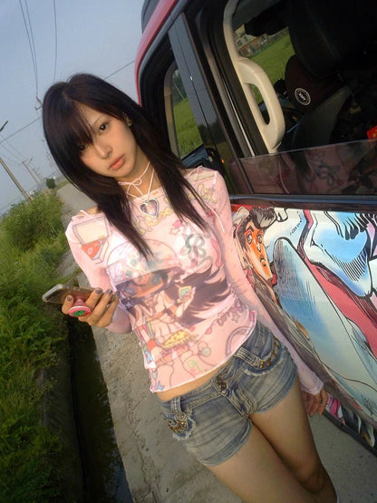 Karrram Japanese Y2k Anime Print Mesh Tops 2000s Aesthetics Pink Sheer Top Vintage Harajuku Kawaii See Through T-shirt Lolita SS69