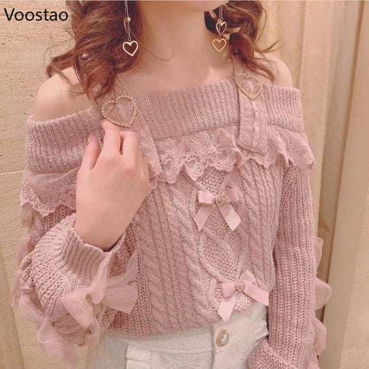 SS69 Vintage Sweet Lolita Knit Pullover with Lace Ruffles and Bows