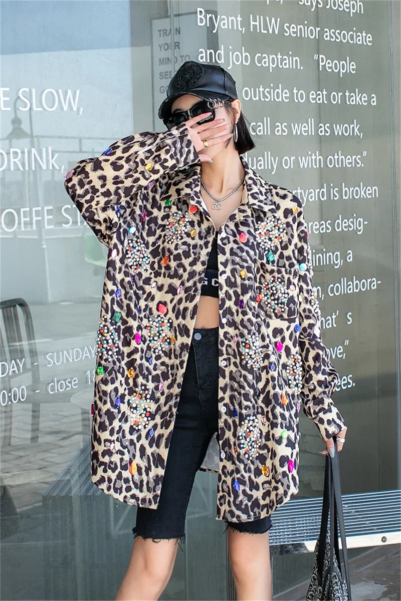 Harajuku Vintage Pearl Beaded Diamonds Leopard Print Women Thin Shirt Jacket Loose Casual Lapel Long Sleeve Female Jacket Coat SS69