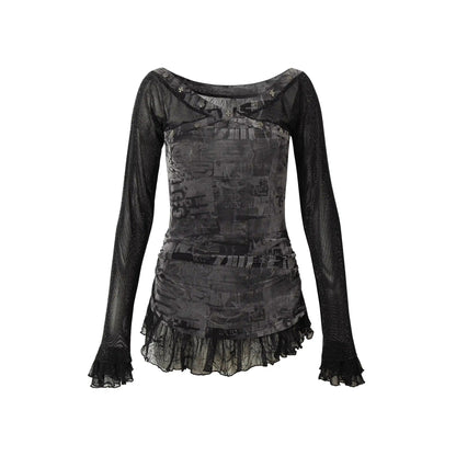 NO ROMANCE Fairy Sexy Punk Printing Half Transparent Lace Patch Knitted Long Sleeve Hooded Dresses Rock Gothic Design Vestidos SS69 108.69 black shirt / M