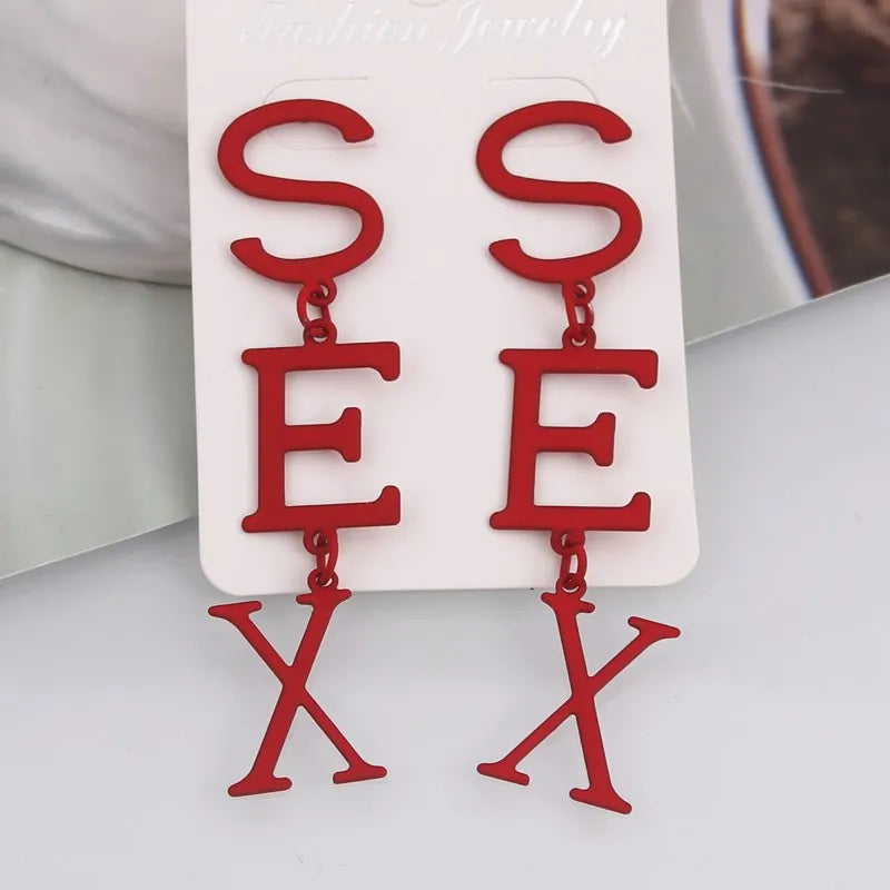 Punk Letter SEX Shape Dangle Earrings for Women Vintage European Metal Drop Earrings Golden Silver Color Black Red Green Jewelry SS69 5.69 ES1267 / other
