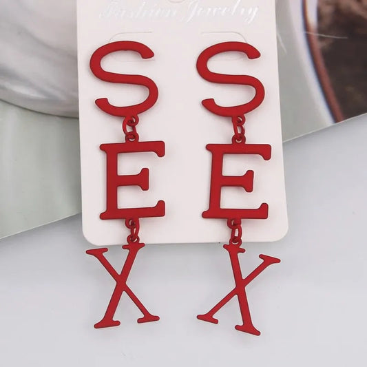 Punk Letter SEX Shape Dangle Earrings for Women Vintage European Metal Drop Earrings Golden Silver Color Black Red Green Jewelry SS69 5.69 ES1267 / other