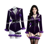 Purple Gengar-inspired velvet bodysuit with hood, pom-poms, and bat-themed leg accessories.
