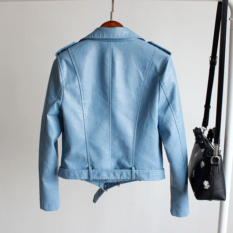 Women's PU Leather Motorcycle Jacket - Slim Fit, Turn-Down Collar