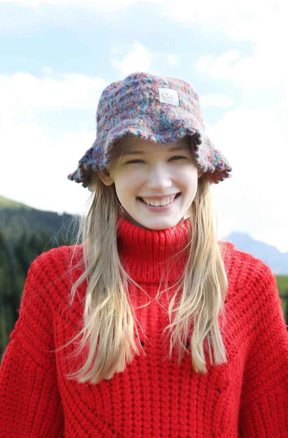 OhSunny Autumn Winter Wavy Brim Bucket Hats,Rainbow Cute Thermal Caps Women's Outdoor Warm Hand-knitted Fisherman Caps Packable