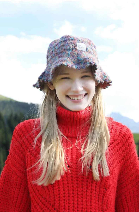 OhSunny Autumn Winter Wavy Brim Bucket Hats,Rainbow Cute Thermal Caps Women's Outdoor Warm Hand-knitted Fisherman Caps Packable