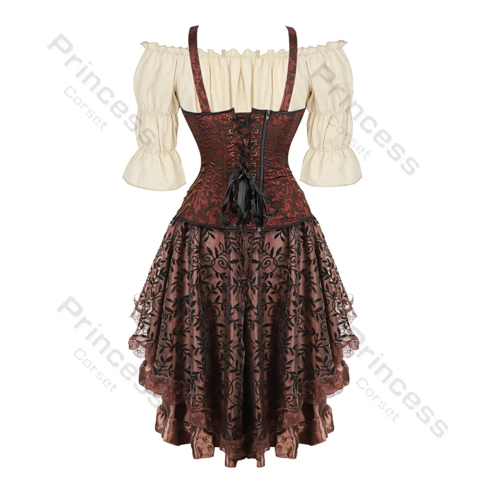 Brown Pirate Dress Plus Size Faxu Leather Steampunk Corset Dress with Shoulder Off Blouse Cosplay Pirate Costume for Women SS69