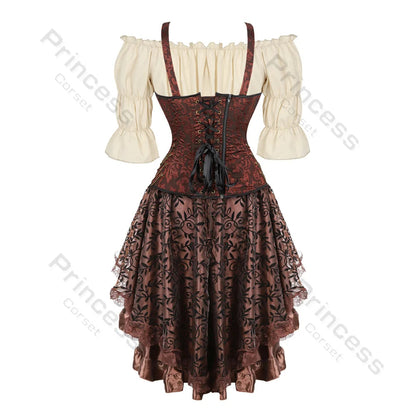 Brown Pirate Dress Plus Size Faxu Leather Steampunk Corset Dress with Shoulder Off Blouse Cosplay Pirate Costume for Women SS69