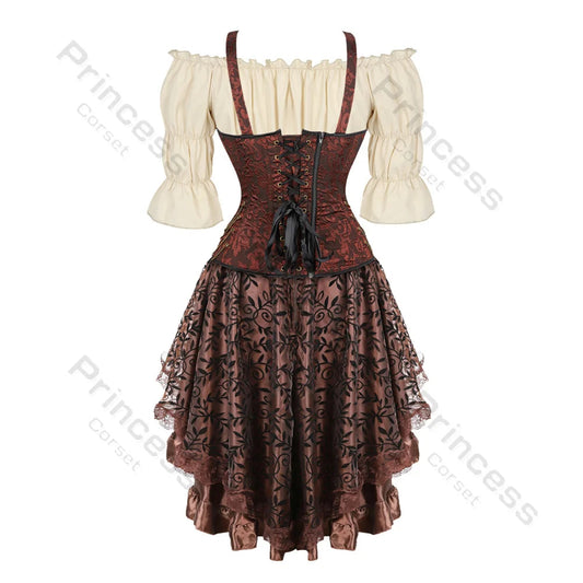 Brown Pirate Dress Plus Size Faxu Leather Steampunk Corset Dress with Shoulder Off Blouse Cosplay Pirate Costume for Women SS69