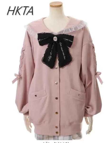 Mine Series Japanese Embroidery Bow Sail Collar Black Long Sweatshirt Coat Women Hoodie Lolita Sweet Girls Pink Hoodies Jacket