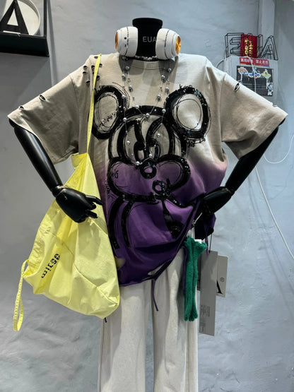 Fashion Heavy Industry Smudge Sequins Cartoon T-shirt Women's Spring and Summer 2025 New Ripped Loose Cotton Short-sleeved Top SS69 47.69 GRAY / One Size