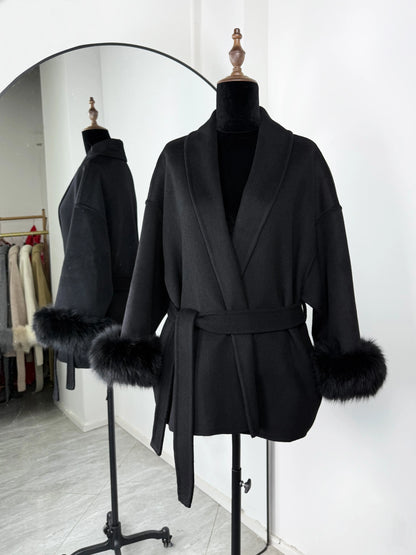 TARUXY Fox Fur Woolen Coats Women's Short Coat Office Lady Removable Elegant Double-sided Wool Overcoat 2025 New Cardigan Jacket