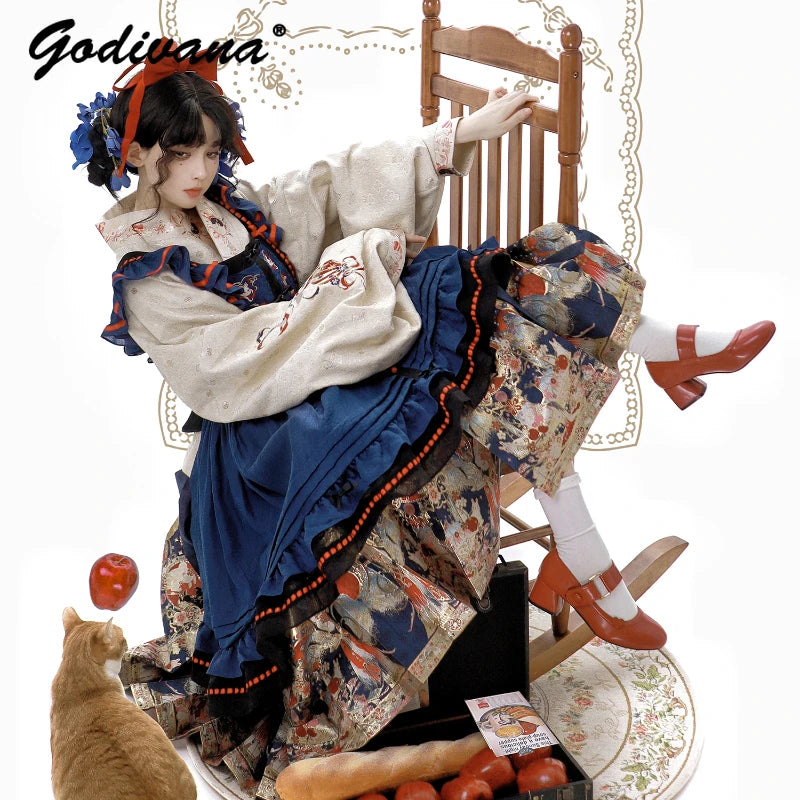 New Spring Chinese Style Female Long-sleeved Weaving Gold Hanfu Dress Set Suit Retro Top Suspender Dress and Pleated Skirt Set