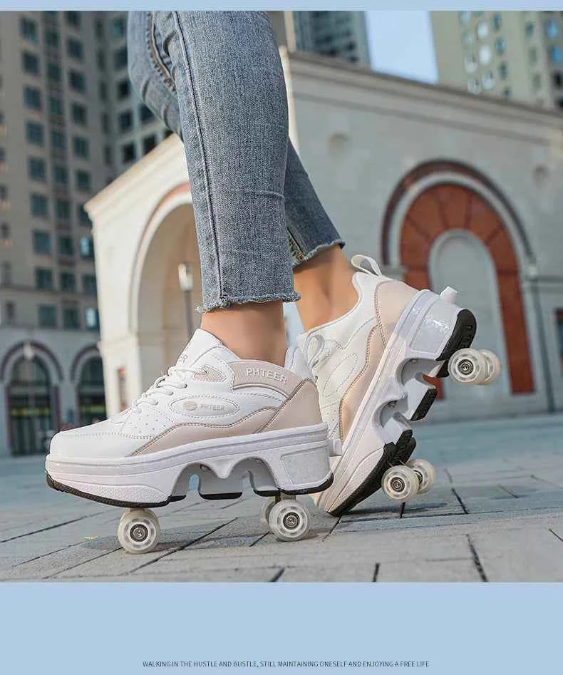 Deformation Shoes Roller Sneakers With 4 Wheels Skates Adult Kids Runaway Parkour Wheels Shoes For Women Men Youth Sport Shoes