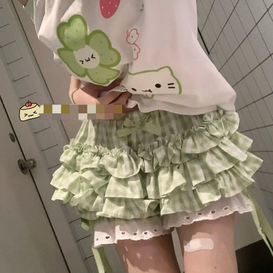 Kimotimo Green Plaid Bow Skirt Shorts Women Elastic Waist Slim Ift Short Pants Japanese Kawaii Versatile Y2k Aesthetic Clothes