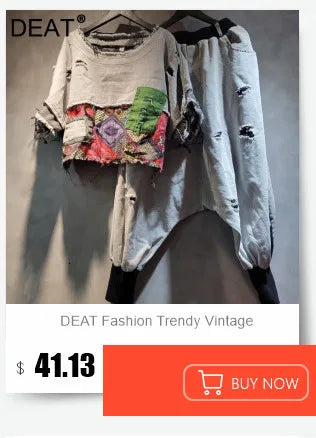 DEAT Women's Patchwork Denim Hooded Jacket and High Waist Wide Leg Pants Set