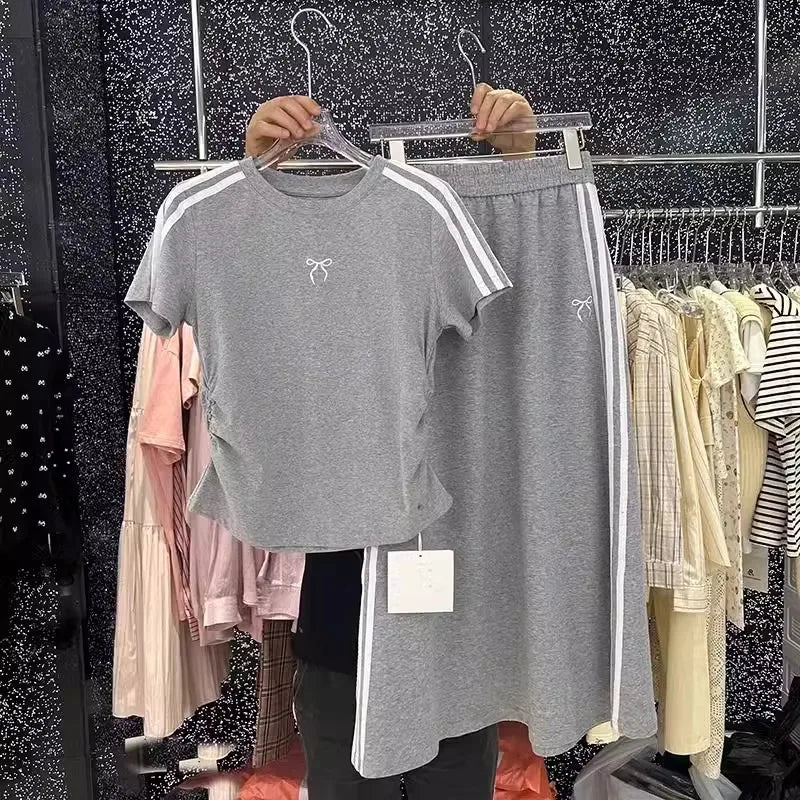 Oversized summer bow embroidery set women's short sleeve T-shirt + high Fanny pack hip skirt two-piece set SS69 38.69 GRAY / 1XL