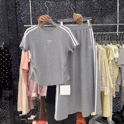 Oversized summer bow embroidery set women's short sleeve T-shirt + high Fanny pack hip skirt two-piece set SS69 38.69 GRAY / 1XL
