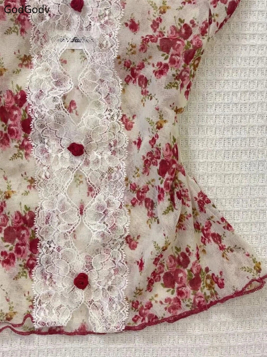 2025 Summer Woman Floral Halter Lace Blouse 2025 Vintage Sexy Slim Fit Fairy Korean Fashion Female Tops Outfits Elegant Style SS69