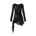 NO ROMANCE Fairy Sexy Punk Printing Half Transparent Lace Patch Knitted Long Sleeve Hooded Dresses Rock Gothic Design Vestidos SS69 172.69 black dress / M