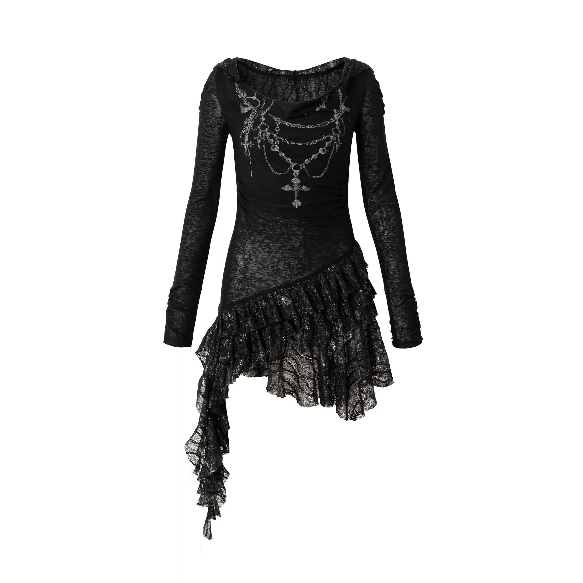 NO ROMANCE Fairy Sexy Punk Printing Half Transparent Lace Patch Knitted Long Sleeve Hooded Dresses Rock Gothic Design Vestidos SS69 172.69 black dress / M