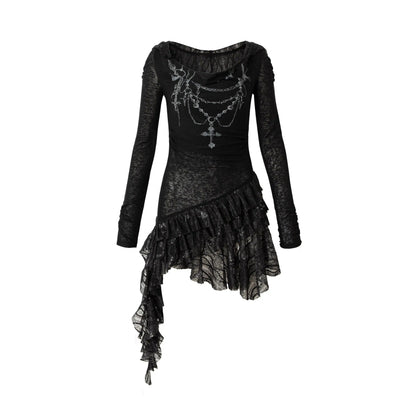 NO ROMANCE Fairy Sexy Punk Printing Half Transparent Lace Patch Knitted Long Sleeve Hooded Dresses Rock Gothic Design Vestidos SS69 172.69 black dress / M