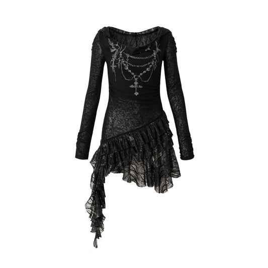 NO ROMANCE Fairy Sexy Punk Printing Half Transparent Lace Patch Knitted Long Sleeve Hooded Dresses Rock Gothic Design Vestidos SS69 172.69 black dress / M