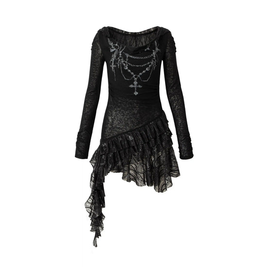 NO ROMANCE Fairy Sexy Punk Printing Half Transparent Lace Patch Knitted Long Sleeve Hooded Dresses Rock Gothic Design Vestidos SS69 172.69 black dress / M