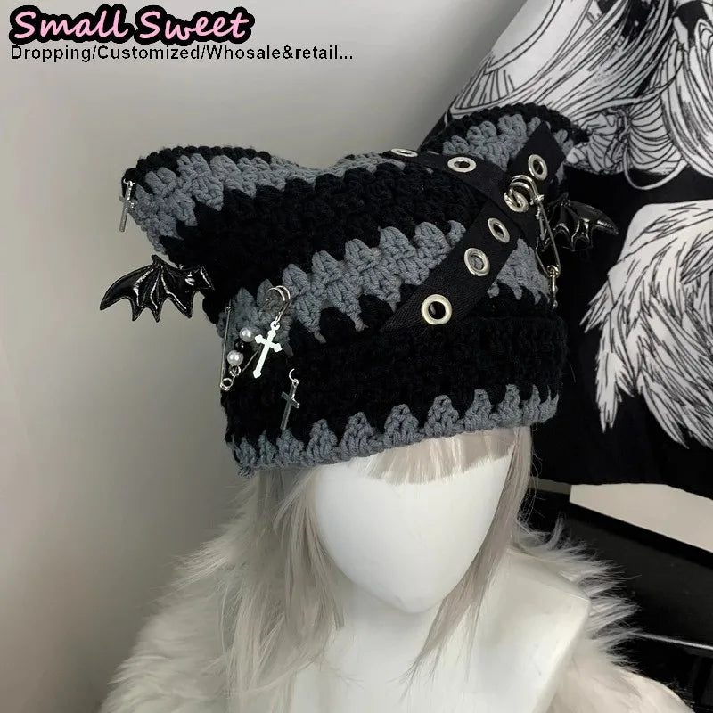 Women Winter rock Gothic Devil Pin Striped Cat Ear Grunge Beanie Hat fur ball Harajuku Punk Knitted Hat Chic Streetwear Hat