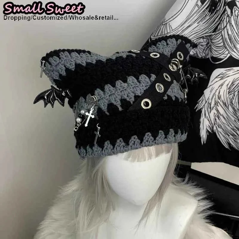 Women Winter rock Gothic Devil Pin Striped Cat Ear Grunge Beanie Hat fur ball Harajuku Punk Knitted Hat Chic Streetwear Hat