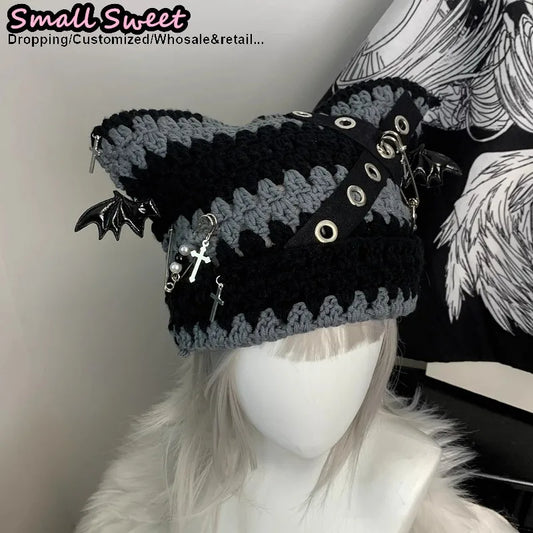 Women Winter rock Gothic Devil Pin Striped Cat Ear Grunge Beanie Hat fur ball Harajuku Punk Knitted Hat Chic Streetwear Hat