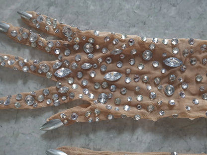 Luxurious Women's Rhinestone Gloves Sparkling Crystal Mesh Long Stretch Dancer Singer Stage Wear Accessory