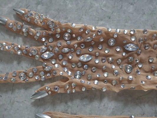 Luxurious Women's Rhinestone Gloves Sparkling Crystal Mesh Long Stretch Dancer Singer Stage Wear Accessory