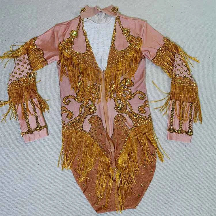 Custom rhinestones bodysuit tassels women Celebrate stage Team pole dance club party fashion leotard clothing