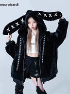 Mauroicardi Autumn Winter Sweet Cute Kawaii Soft Thick Warm Black Faux Fur Coat Women with Bunny Ears Cute Fluffy Jacket Hoodie