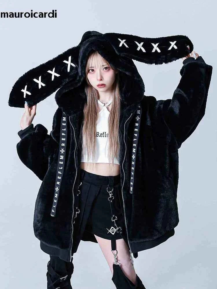 Mauroicardi Autumn Winter Sweet Cute Kawaii Soft Thick Warm Black Faux Fur Coat Women with Bunny Ears Cute Fluffy Jacket Hoodie